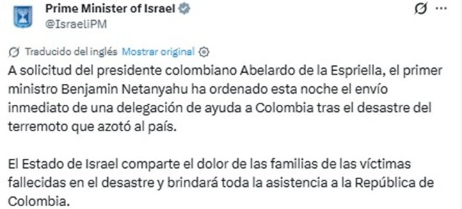 3:33 P.M. | Israel confirmó el envío de una delegación de ayuda a Colombia