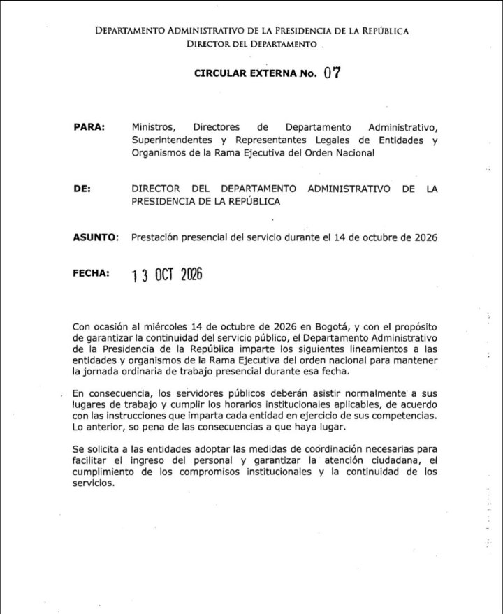 6:53 | Gobierno emitió circular para que funcionarios de las entidades “asistan normalmente a sus lugares de trabajo”