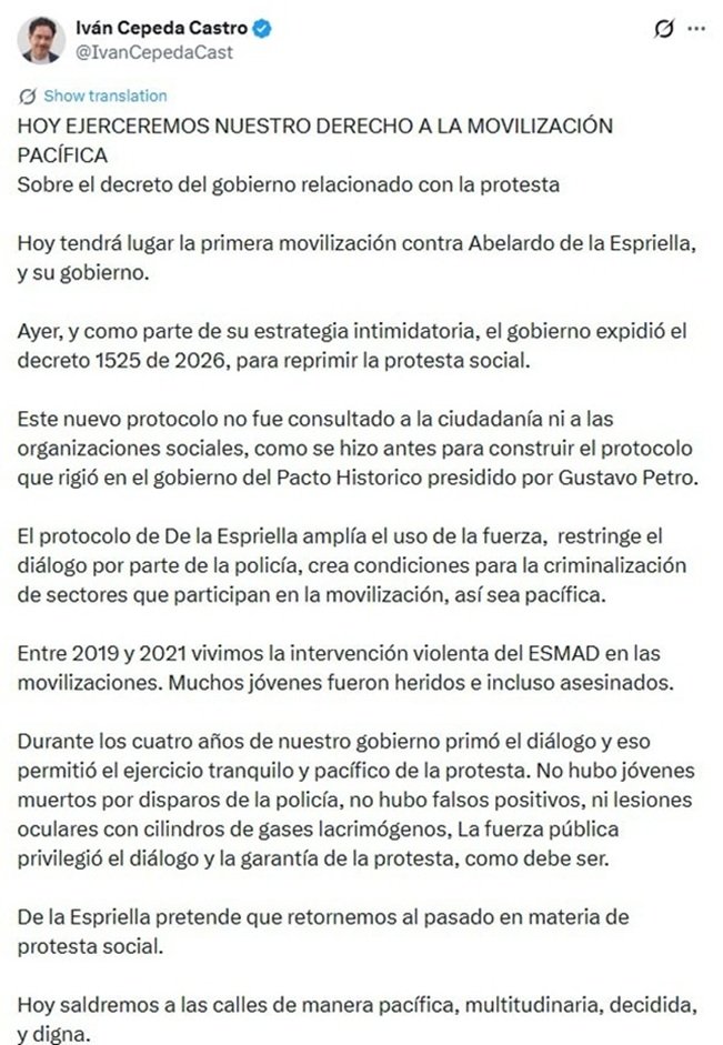 8:15 | Iván Cepeda criticó el nuevo decreto sobre protestas